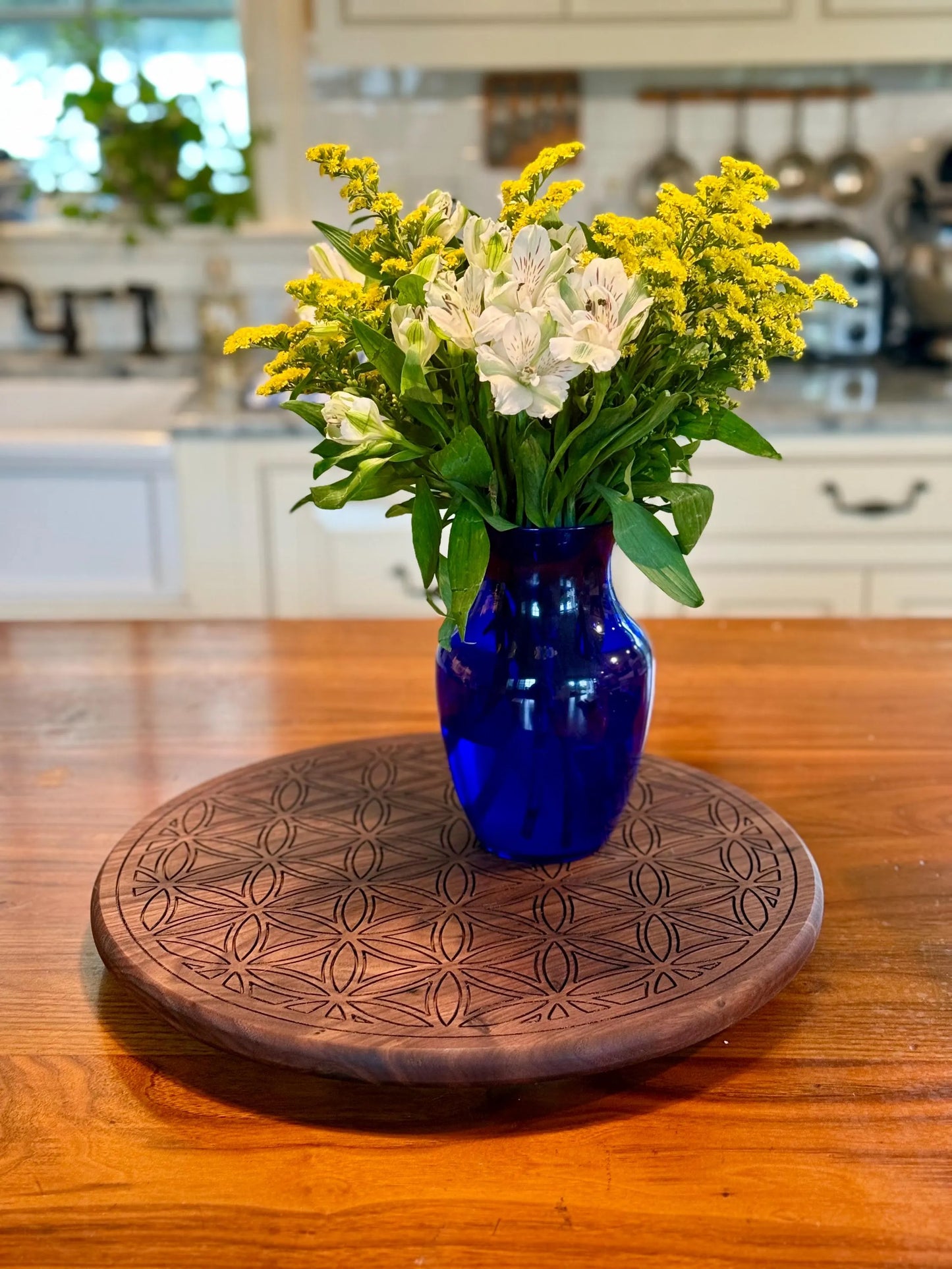Handmade Walnut Lazy Susan with Custom Flower of Life Design