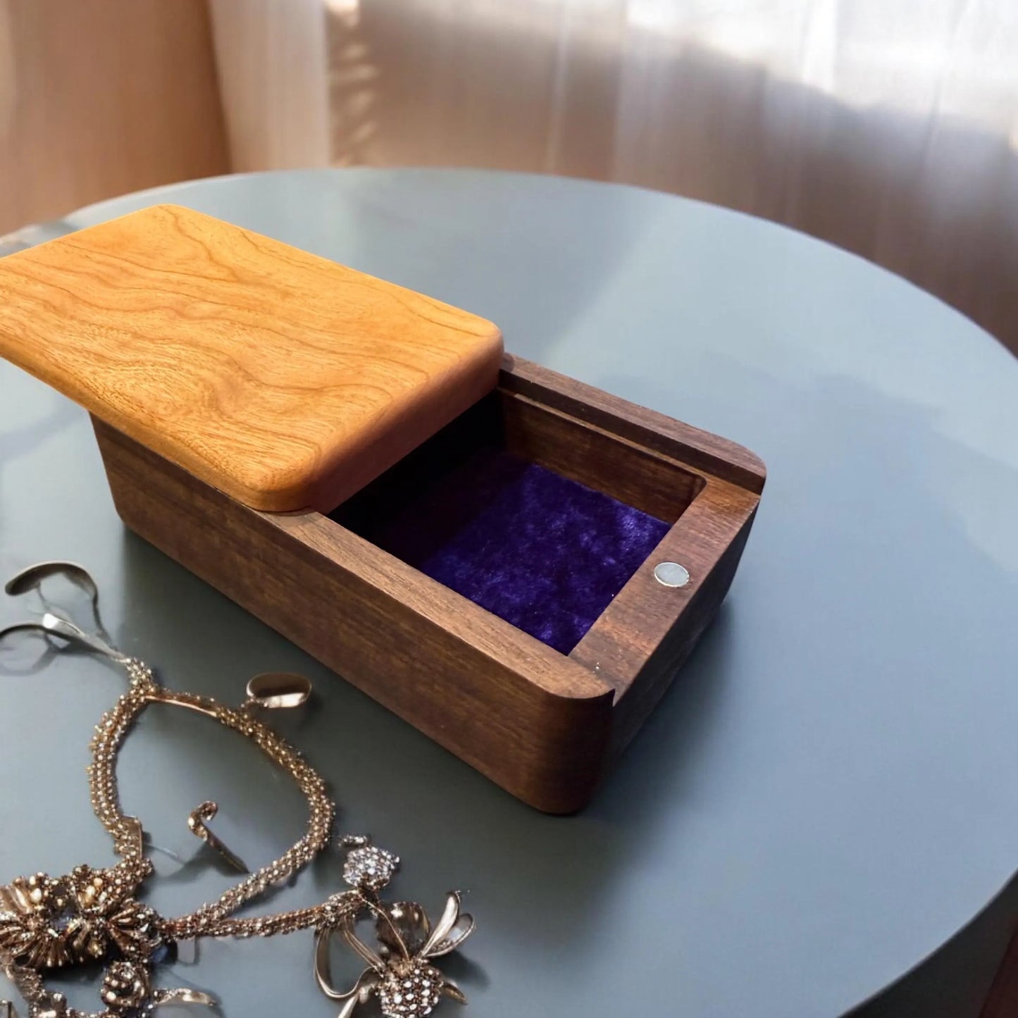 Handmade Cherry & Walnut Sliding Jewelry Box - 6.5” x 4” x 2.125”
