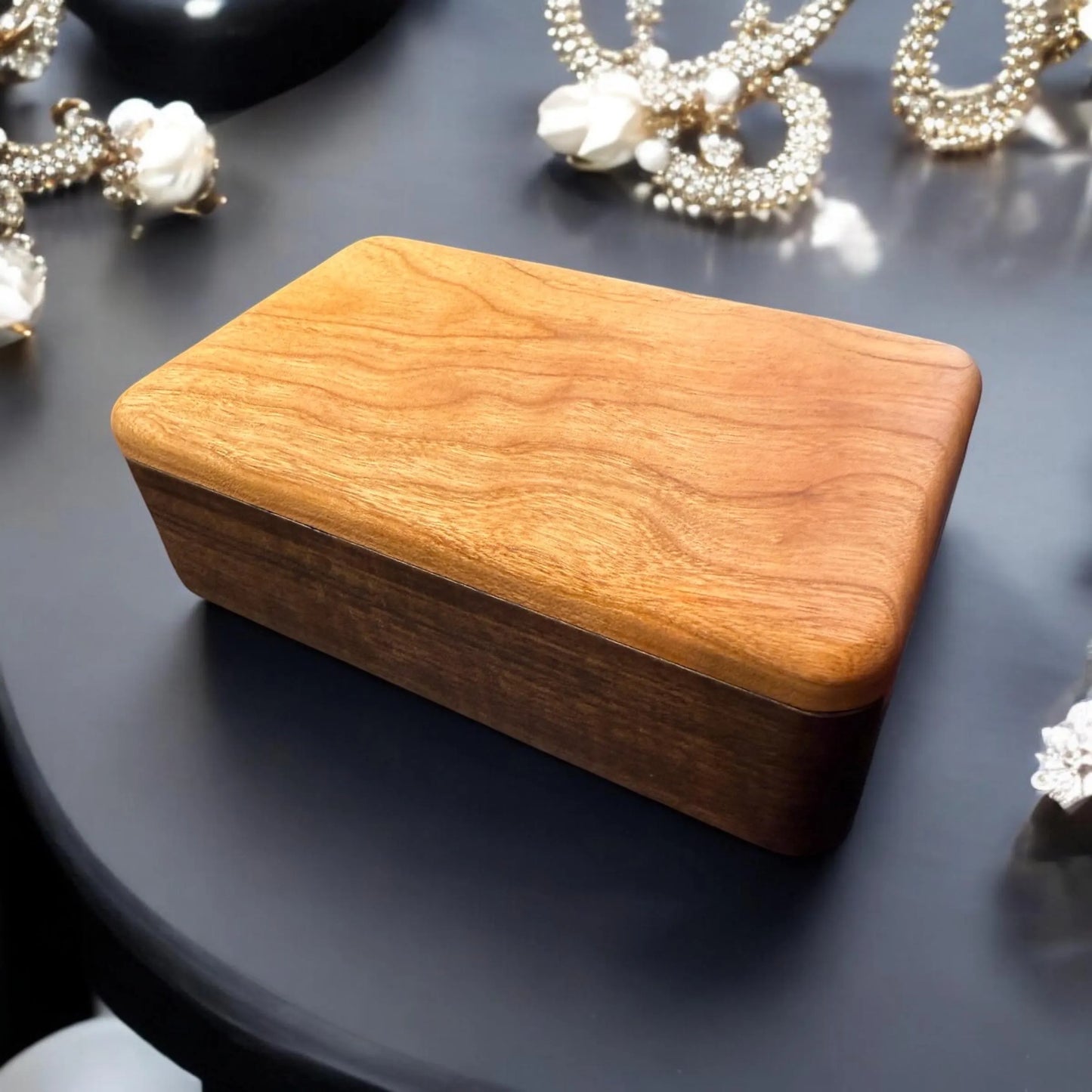 Handmade Cherry & Walnut Sliding Jewelry Box - 6.5” x 4” x 2.125”