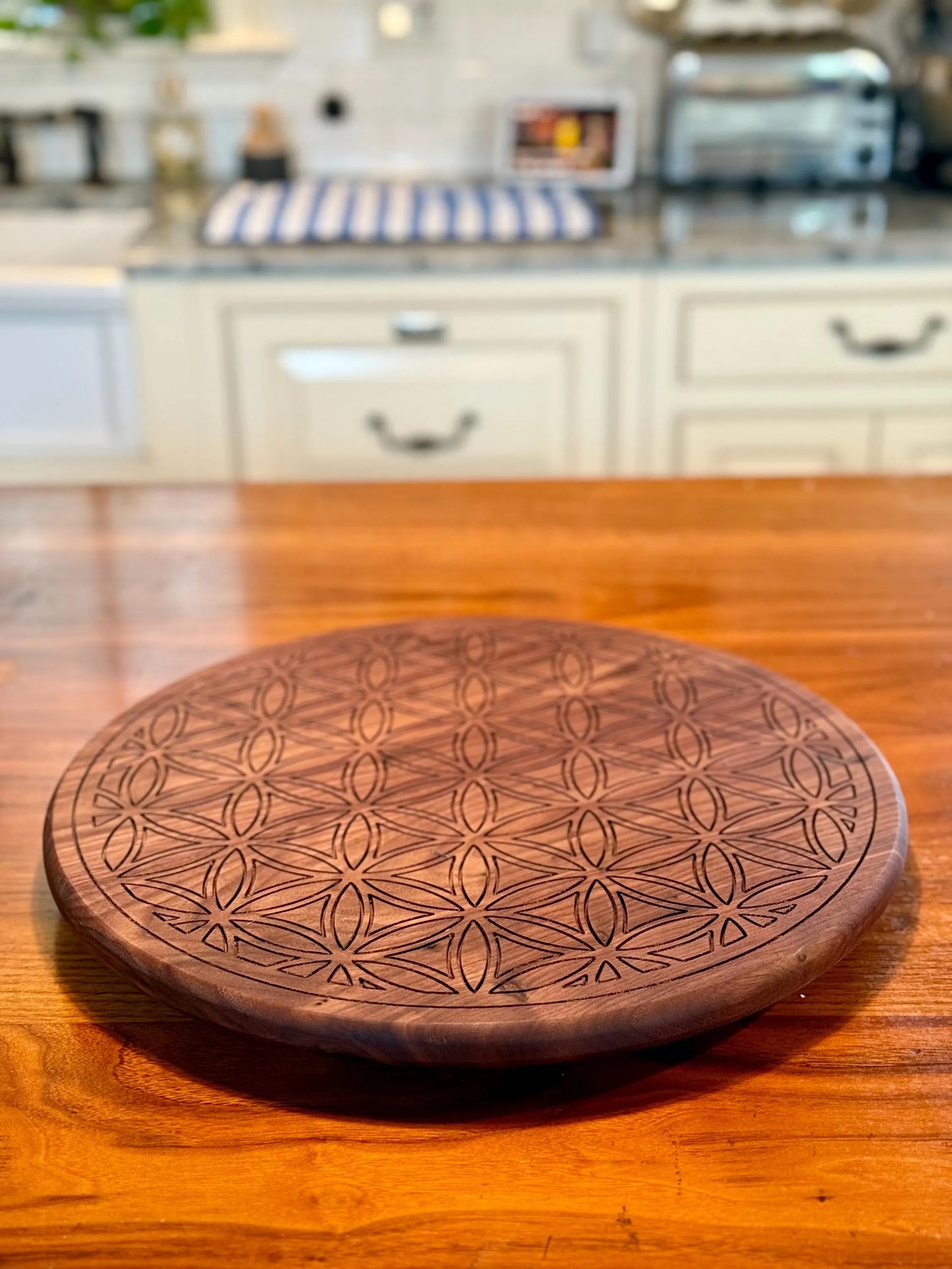 Handmade Walnut Lazy Susan with Custom Flower of Life Design