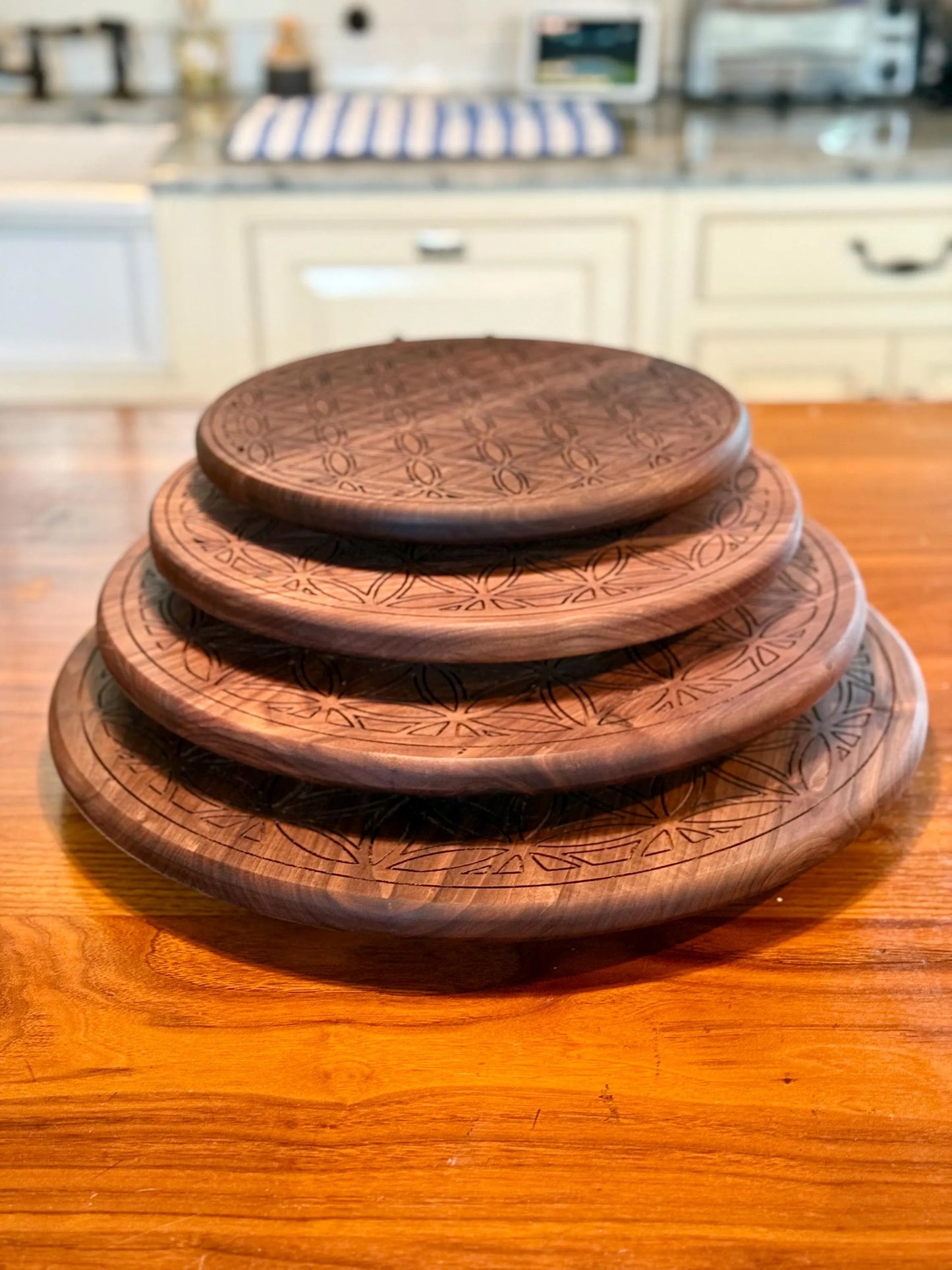Handmade Walnut Lazy Susan with Custom Flower of Life Design