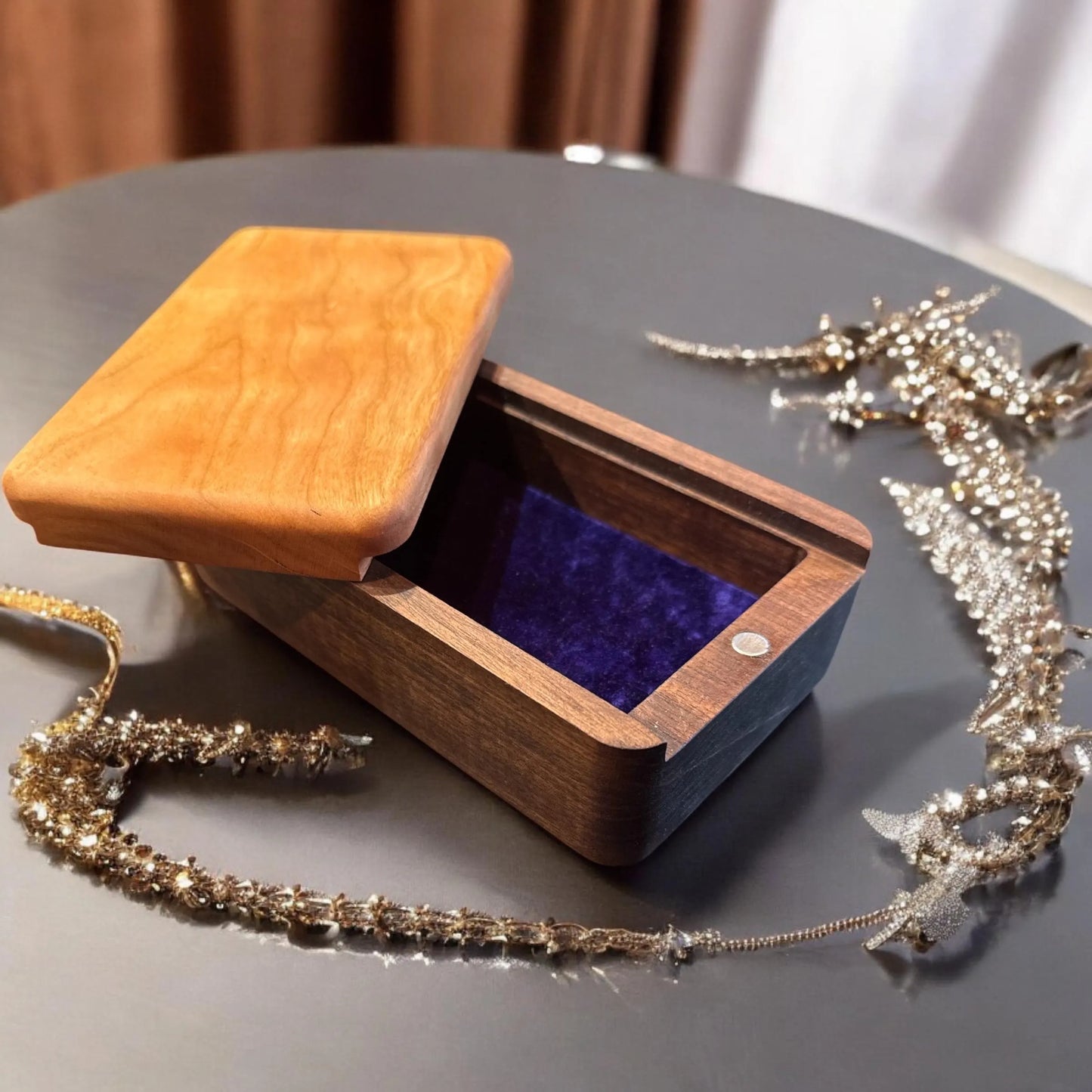 Handmade Cherry & Walnut Sliding Jewelry Box - 6.5” x 4” x 2.125”